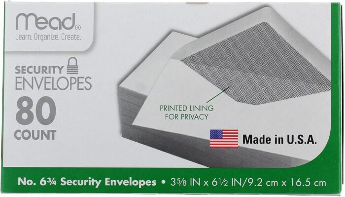 #6-3/4 Envelopes, Security Printed Lining for Privacy, Gummed Closure, 3-5/8" X 6-1/2", All-Purpose 20-Lb Paper, White, 80 per Box (75212)