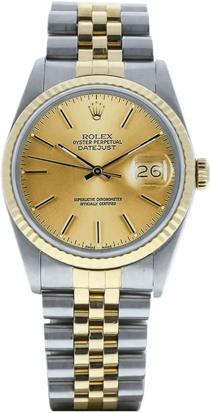 Mens Datejust Model 16013 36Mm Steel & 18K Gold Watch Champagne Stick Dial (Certified Preowned)