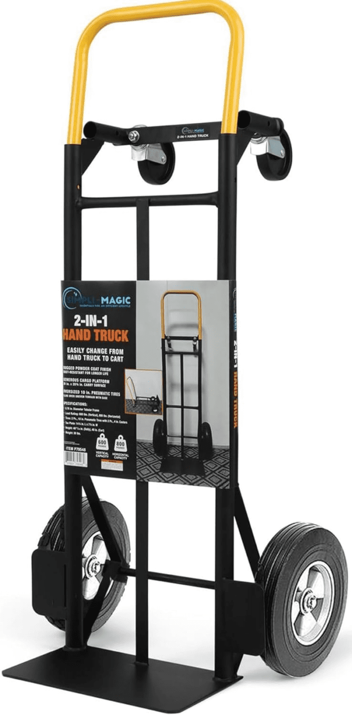 800 Lb Capacity 2 in 1 Convertible Hand Truck and Dolly with 10" Flat Free Rubber Wheels,Black with Yellow Handle.