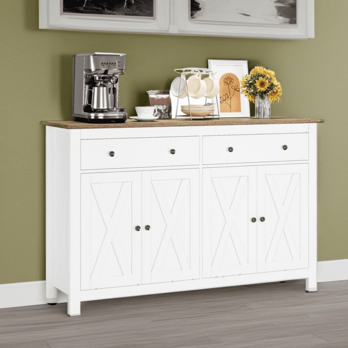 Sideboard Buffet Cabinet with Storage, 55" Large Kitchen Storage Cabinet with 2 Drawers and 4 Doors, Wood Coffee Bar Cabinet Buffet Table Console Cabinet for Kitchen Dining Room, White - Image 6