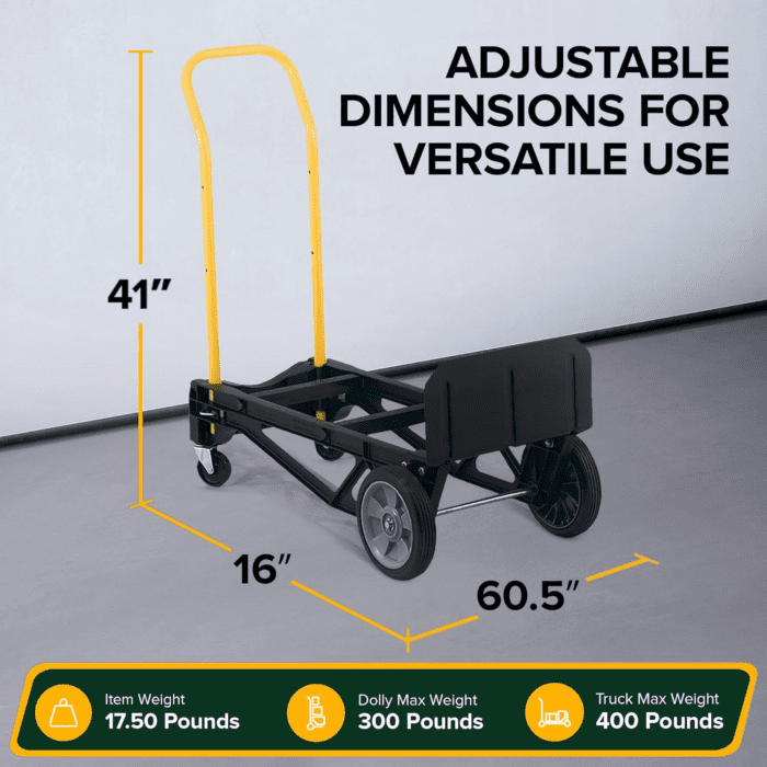 Trucks Heavy Duty Nylon Frame Convertible Hand Truck Dolly Cart with Adjustable Telescopic Frame and Pneumatic Wheels, Black - Image 3