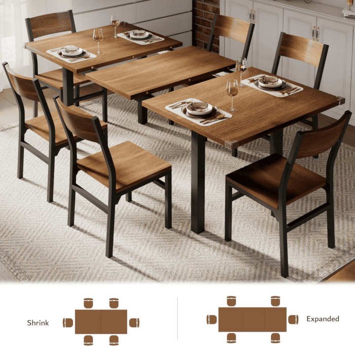 7-Piece Dining Table Set with 6 Chairs, 63" Extendable Kitchen Table & Chairs Set for 4-6, Dining Room Table with Metal Frame & MDF Board, Perfect for Small Space, Easy Clean, Walnut - Image 3