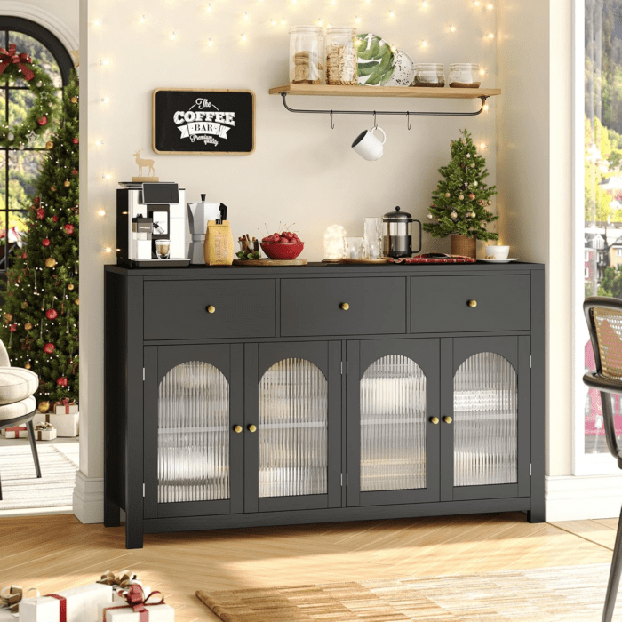 Buffet Cabinet with Storage, 55.1" Large Sideboard Buffet Cabinet, Farmhouse Kitchen Cabinet Display Cabinet with 3 Drawers and 4 Doors, Wood Coffee Bar Cabinet for Kitchen, Black - Image 2