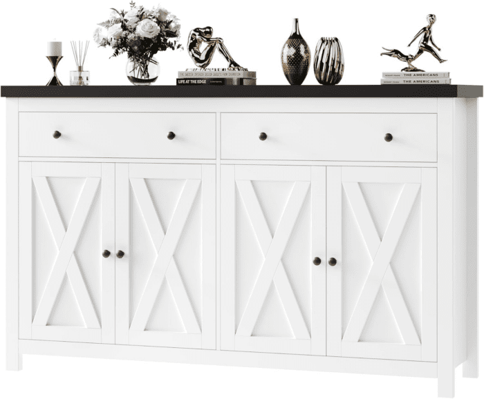 Sideboard Buffet Cabinet with Storage, 55" Large Kitchen Storage Cabinet with 2 Drawers and 4 Doors, Wood Coffee Bar Cabinet Buffet Table for Kitchen Dining Room, White and Black