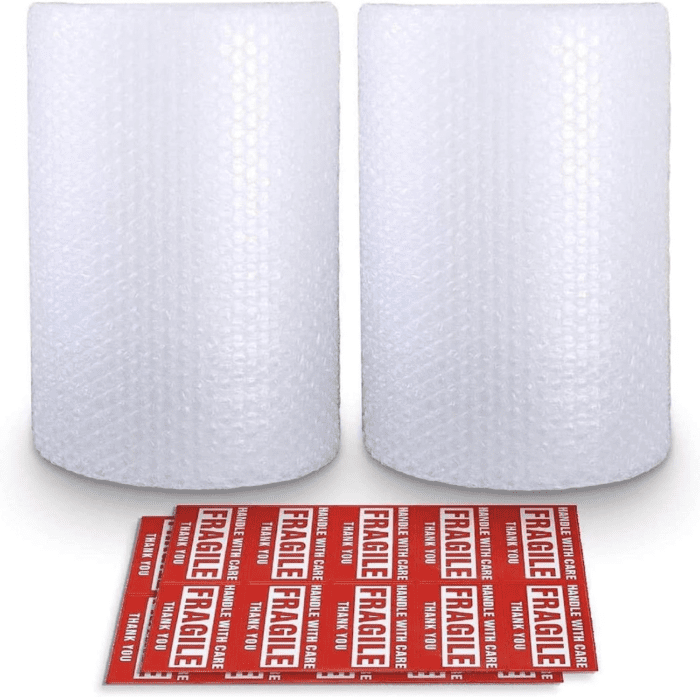 2-Pack Bubble Cushioning Wrap Rolls, 3/16" Air Bubble, 12 Inch X 72 Feet Total, Perforated Every 12", 20 Fragile Stickers Included