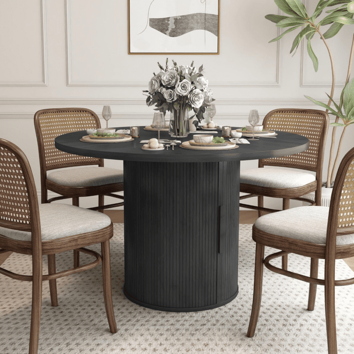 47 Inch round Dining Table for 4, Kitchen Table Dinner Table with 2-Layer Storage Shelf and Wood Slide Door for Home Dining Room Living Room (Black) - Image 7