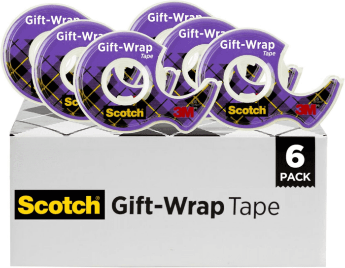 Gift Wrap Tape, Invisible, Holiday Gift Wrapping Supplies for Christmas Presents and Gift Bags, 0.75 In. X 650 In., 6 Tape Rolls with Dispensers