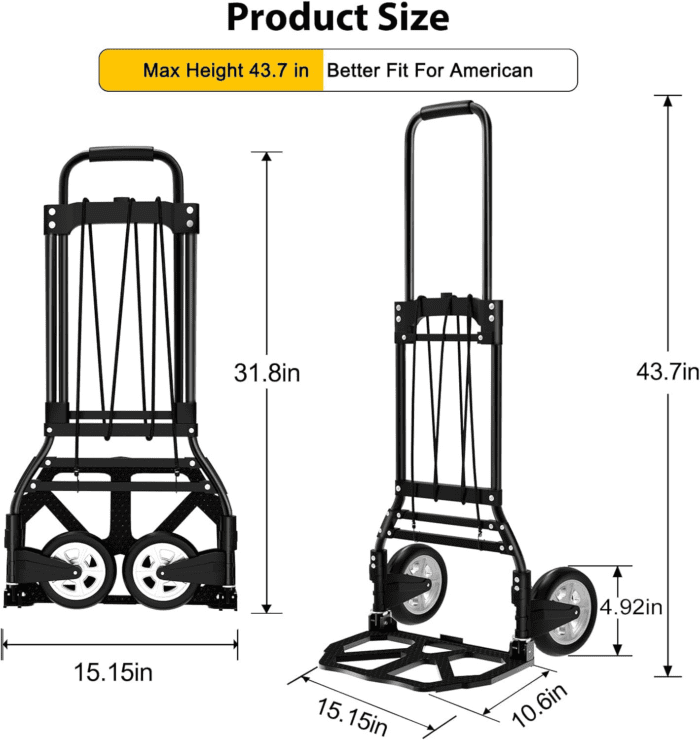 Folding Hand Truck and Dolly, 200 LB Capacity Upgraded Aluminum Dolly Cart, Extended Handle Portable Dolly for Travel, Moving, Shopping, Office Use, Black - Image 4