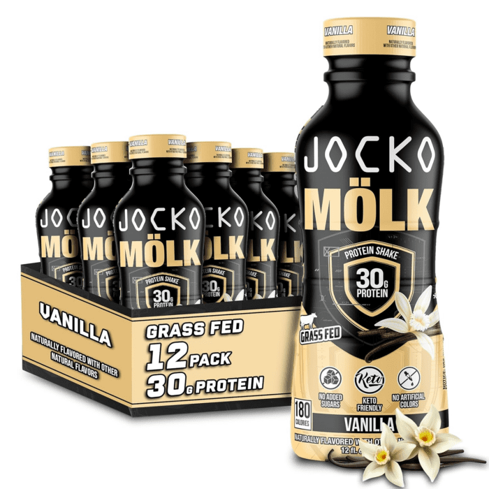 Jocko Mölk 30G Grass Fed Protein Shakes – No Added Sugar Protein Drinks KETO Friendly - Ready to Drink 12 FL Oz (Pack of 12) Vanilla