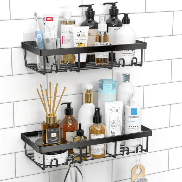 Shower Caddy Shelf Organizer Rack, Self Adhesive Black Bathroom Shelves Basket, Home Farmhouse Wall inside Organization and Storage Decor Rv Accessories, First Camper Apartment Essentials