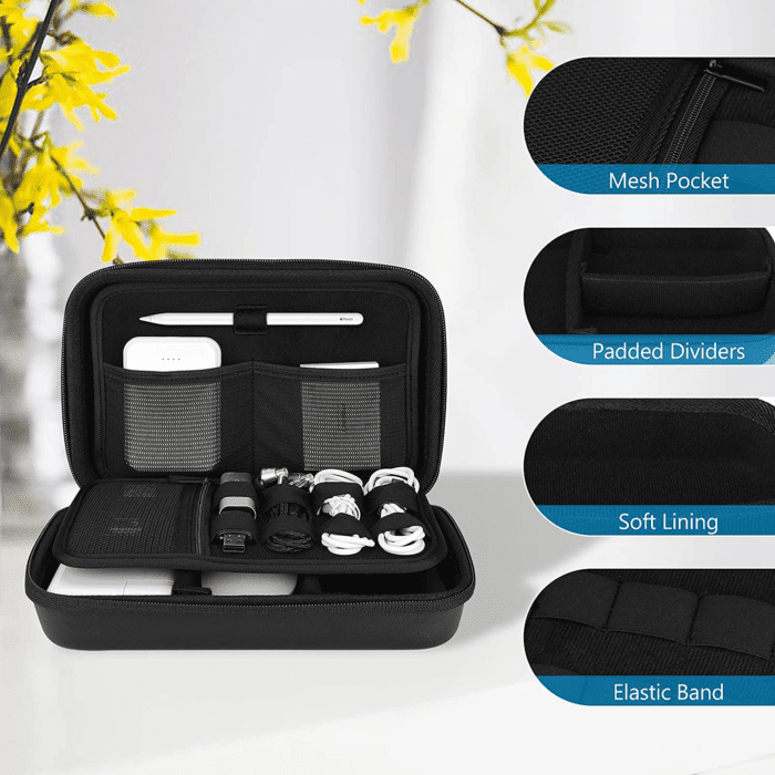 Hard Travel Electronic Organizer Case for Macbook Power Adapter Chargers Cables Power Bank Apple Magic Mouse Apple Pencil USB Flash Disk SD Card Small Portable Accessories Bag -L, Black - Image 3