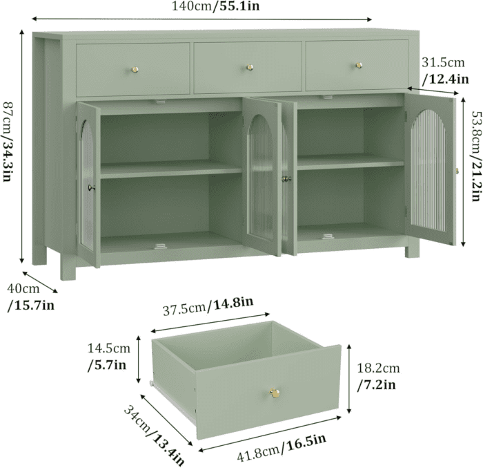 Buffet Cabinet with Storage, 55.1" Large Sideboard Buffet Cabinet, Farmhouse Kitchen Cabinet Display Cabinet with 3 Drawers and 4 Doors, Wood Coffee Bar Cabinet for Kitchen, Green - Image 3