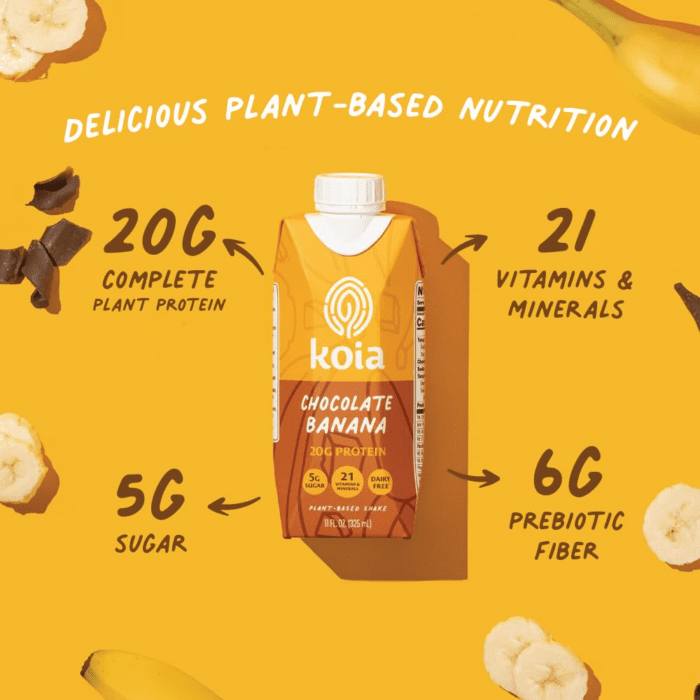 - Plant Based Protein Shake - Chocolate Banana - 20G Protein, 5G Sugar, 6G Prebiotic Fiber, 21 Vitamins & Minerals - Dairy Free, Soy Free, Non GMO - Meal Replacement Drinks - 11 Fl Oz, 12 Bottles - Image 2