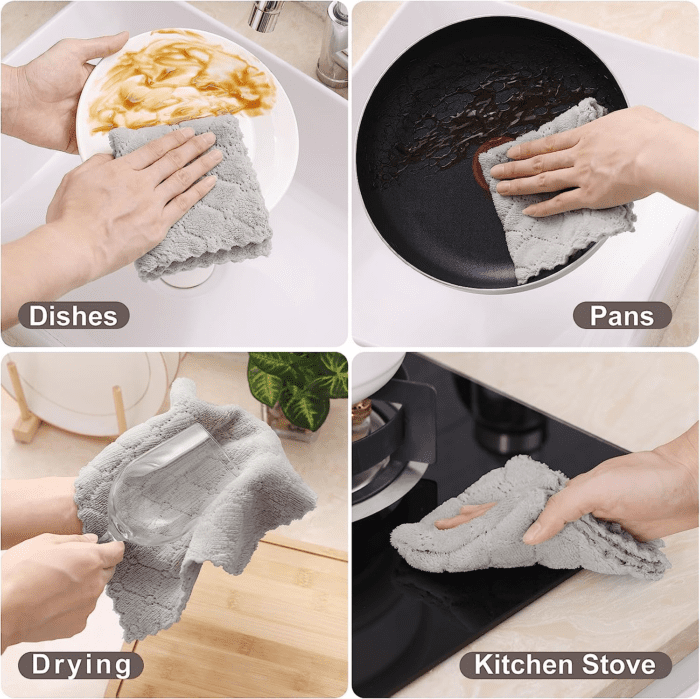 12 Pack Kitchen Dish Cloths (10 X 10 Inches, Grey), Super Soft and Absorbent Coral Velvet Dish Towels, Nonstick Oil Fast Drying Microfiber Cleaning Cloth, No Lint Household Dishcloths - Image 4