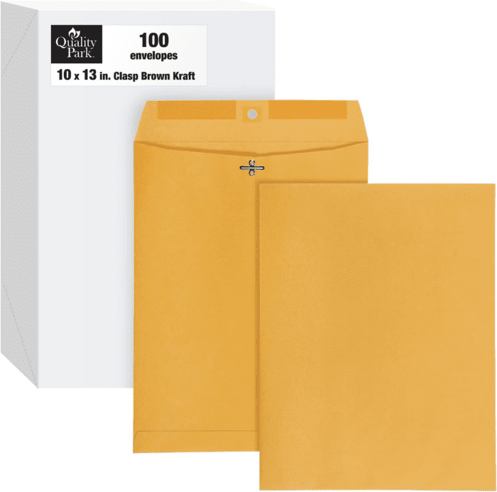 10 X 13 Clasp Envelopes, Gummed, Moisture-Activated Adhesive for Permanent Secure Seal, 28 Lb Paper, Brown Kraft, 100/Box (QUA37897)