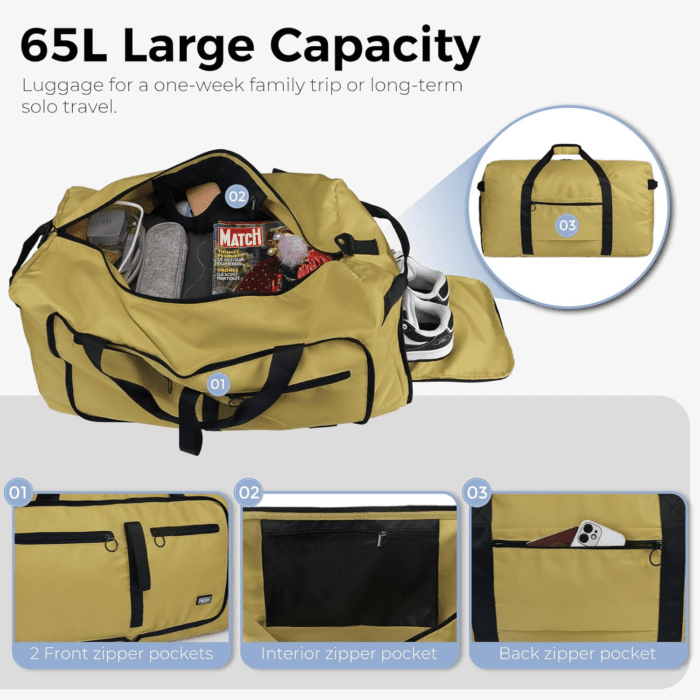 65L Duffle Bag with Shoes Compartment, Foldable Travel Duffel Bags for Men Women, Large Packable Travel Bag Water Repellent & Tear Resistant (Brown) - Image 4