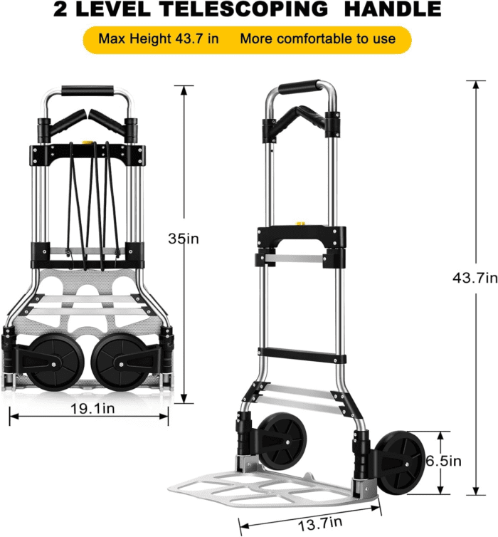 330 LB Capacity Folding Hand Truck Dolly Cart, Portable Aluminum Dolly Cart with Telescoping Handle and Rubber Wheels for Moving,Shopping,Travel,Office Use - Image 5