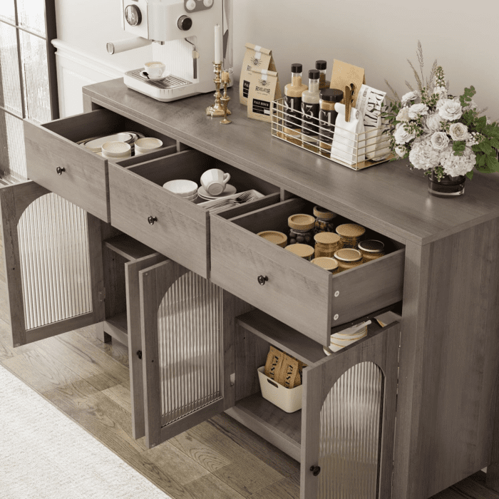 Buffet Cabinet with Storage, 55.1" Large Sideboard Buffet Cabinet, Farmhouse Kitchen Cabinet Display Cabinet with 3 Drawers and 4 Doors, Wood Coffee Bar Cabinet for Kitchen, Ash Grey - Image 5