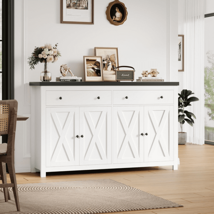 Sideboard Buffet Cabinet with Storage, 55" Large Kitchen Storage Cabinet with 2 Drawers and 4 Doors, Wood Coffee Bar Cabinet Buffet Table for Kitchen Dining Room, White and Black - Image 4