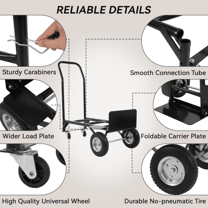 2 in 1 Convertible Hand Truck and Cart, Utility Dolly Platform Cart with Telescoping Handle 4 Wheels, 220 LB Heavy Duty Hand Cart for Luggage, Travel, Moving, Shopping, Office Use - Black - Image 4