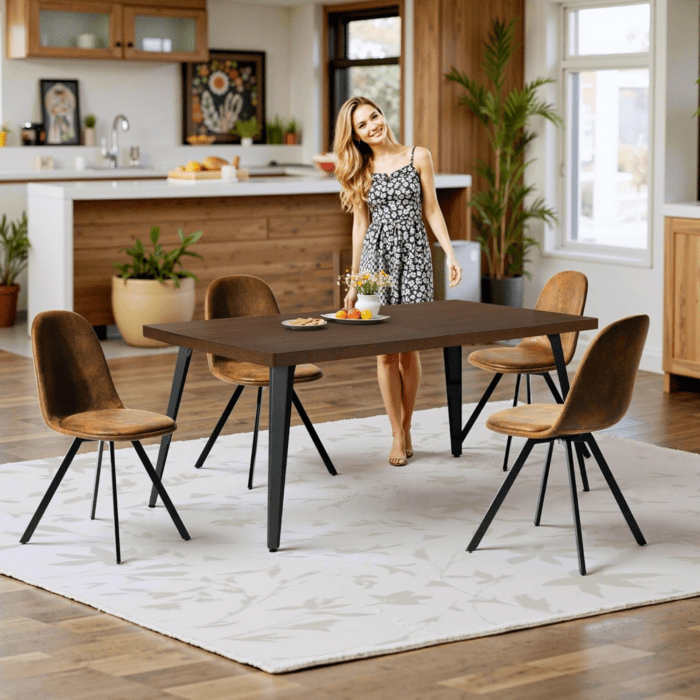 Homycasa 5-Piece Mid-Century Dining Set, 63" Rectangular Table & 4 Swivel Upholstered Chairs (Fabric/Suede), Sturdy Metal Frame, Perfect for Kitchen, Dining Room, Office, or Restaurant (Brown & Brown) - Image 6