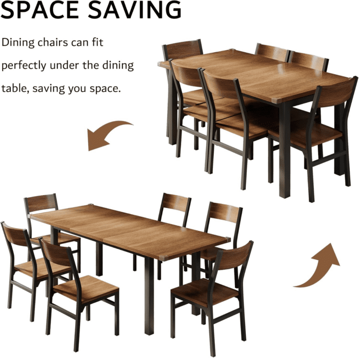 7-Piece Dining Table Set with 6 Chairs, 63" Extendable Kitchen Table & Chairs Set for 4-6, Dining Room Table with Metal Frame & MDF Board, Perfect for Small Space, Easy Clean, Walnut - Image 7