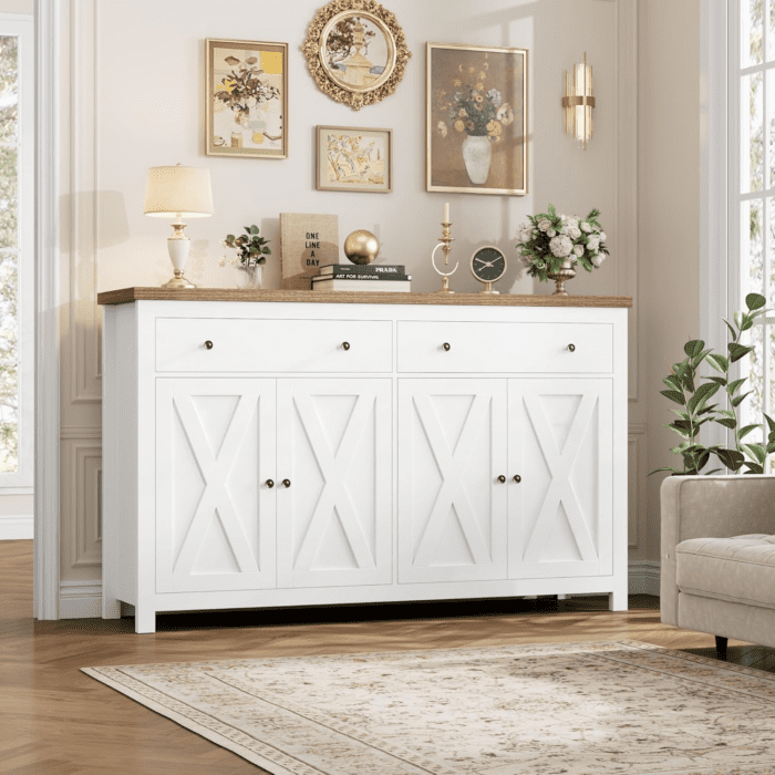 Sideboard Buffet Cabinet with Storage, 55" Large Kitchen Storage Cabinet with 2 Drawers and 4 Doors, Wood Coffee Bar Cabinet Buffet Table Console Cabinet for Kitchen Dining Room, White - Image 2