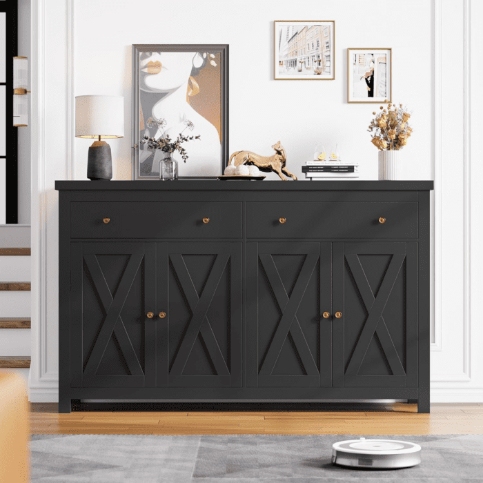 Sideboard Buffet Cabinet with Storage, 55" Large Kitchen Storage Cabinet with 2 Drawers and 4 Doors, Wood Coffee Bar Cabinet Buffet Table Console Cabinet for Kitchen Dining Room, Black - Image 5