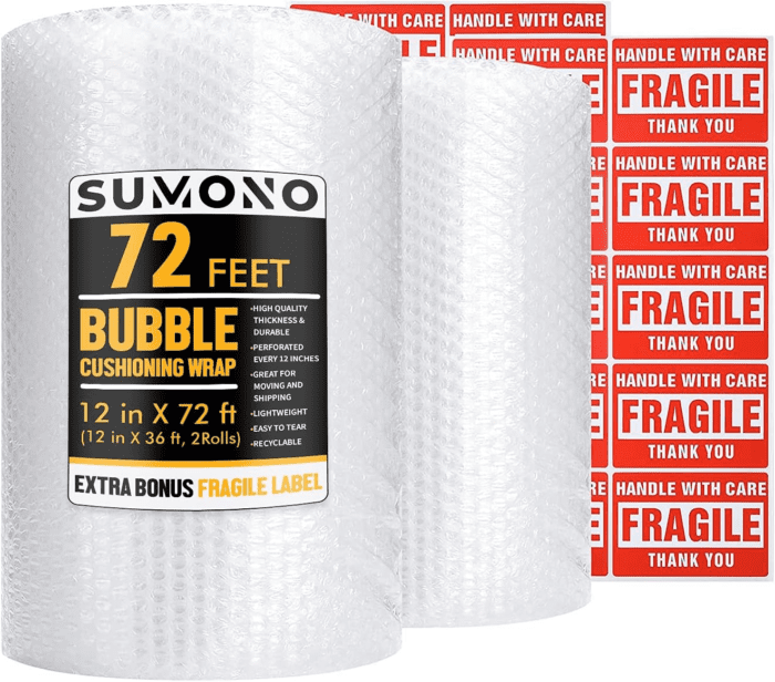 Bubble Cushioning Wrap Roll,  12 Inch X 72 Feet Total [2 Rolls of 36 Feet] Bubble Roll Perforated 12 Inch Included 20 Fragile Sticker Label