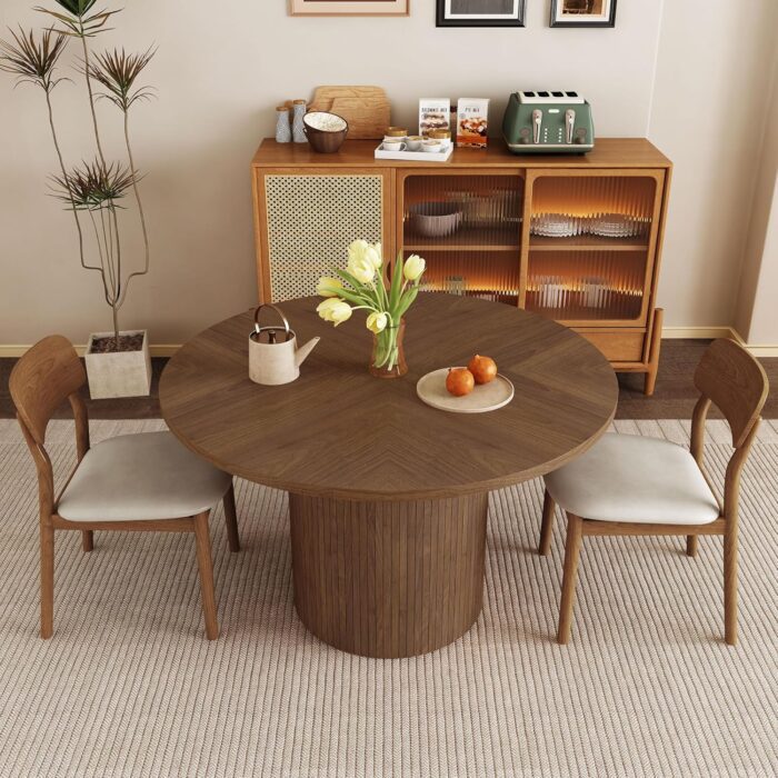 Round Dining Table for 4, Modern Farmhouse Kitchen Table, 47 Inch Small Circle Dining Tables with Wood Strip Base for Kitchen Living Room (Walnut) - Image 8