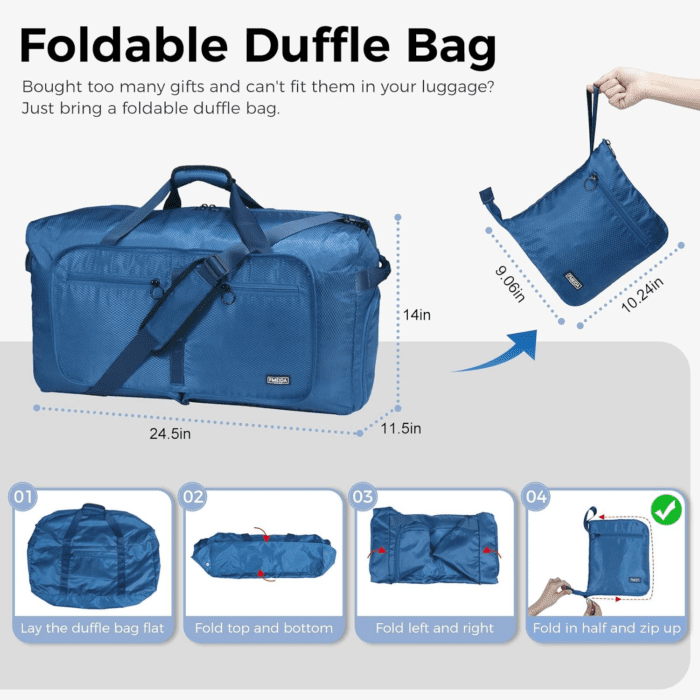 65L Duffle Bag with Shoes Compartment, Foldable Travel Duffel Bags for Men Women, Large Packable Travel Bag Water Repellent & Tear Resistant (Blue) - Image 4