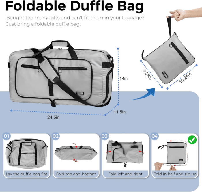 65L Duffle Bag with Shoes Compartment, Foldable Travel Duffel Bags for Men Women, Large Packable Travel Bag Water Repellent & Tear Resistant (Light Gray) - Image 3