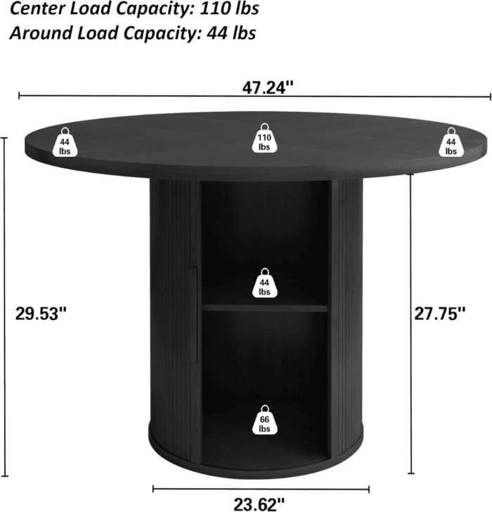 47 Inch round Dining Table for 4, Kitchen Table Dinner Table with 2-Layer Storage Shelf and Wood Slide Door for Home Dining Room Living Room (Black) - Image 2