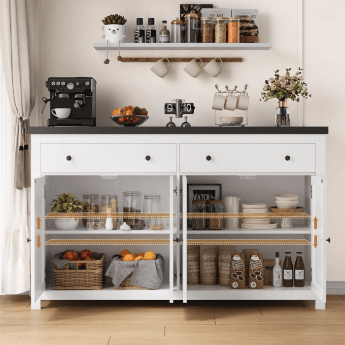 Sideboard Buffet Cabinet with Storage, 55" Large Kitchen Storage Cabinet with 2 Drawers and 4 Doors, Wood Coffee Bar Cabinet Buffet Table for Kitchen Dining Room, White and Black - Image 6