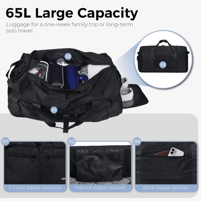 65L Duffle Bag with Shoes Compartment, Foldable Travel Duffel Bags for Men Women, Large Packable Travel Bag Water Repellent & Tear Resistant (Black) - Image 4