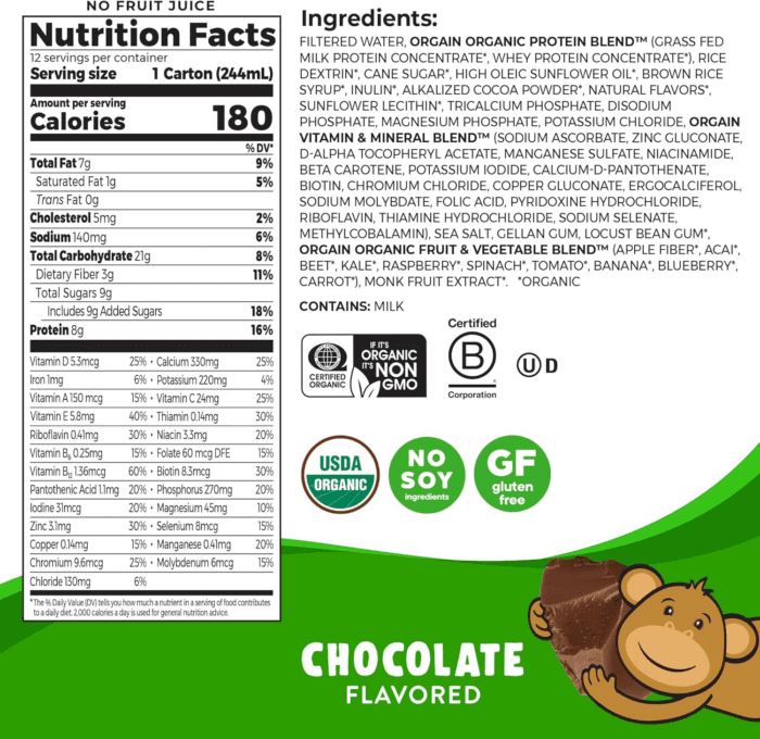 Organic Kids Nutritional Protein Shake, Chocolate, Healthy Kids Snacks, 8G Dairy Protein, 3G Fiber, 22 Vitamins & Minerals, No Soy Ingredients, Gluten Free, Non-Gmo, 8.25 Fl Oz (Pack of 12) - Image 4