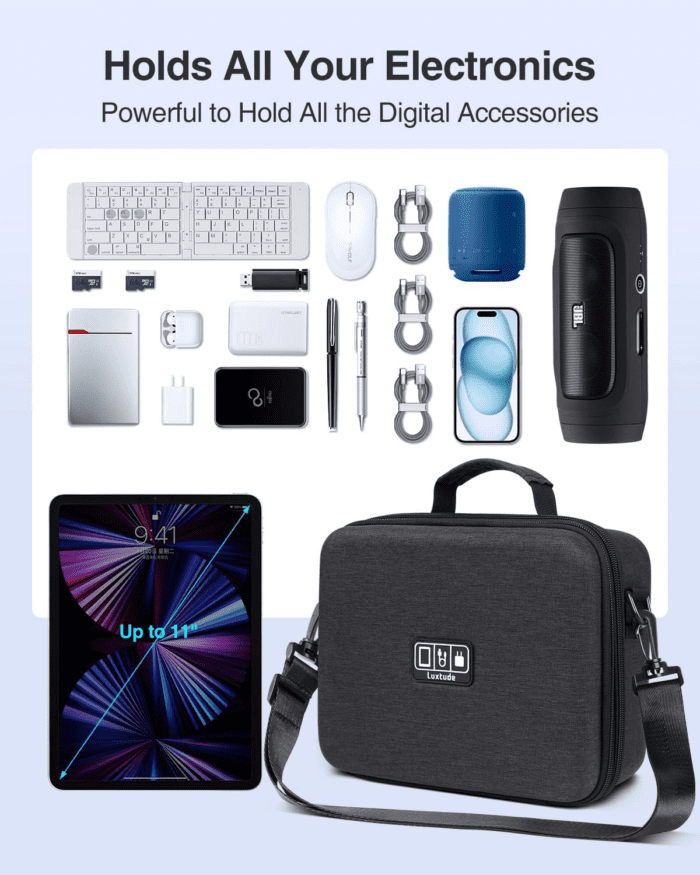 Electronic Organizer Travel Case Large, Hard Case for Electronics, EVA Tech Organizer Travel Case, Travel Cable Bag with Shoulder Strap, Charger Organizer Carrying Case for Ipad(Up to 11’’) - Image 5