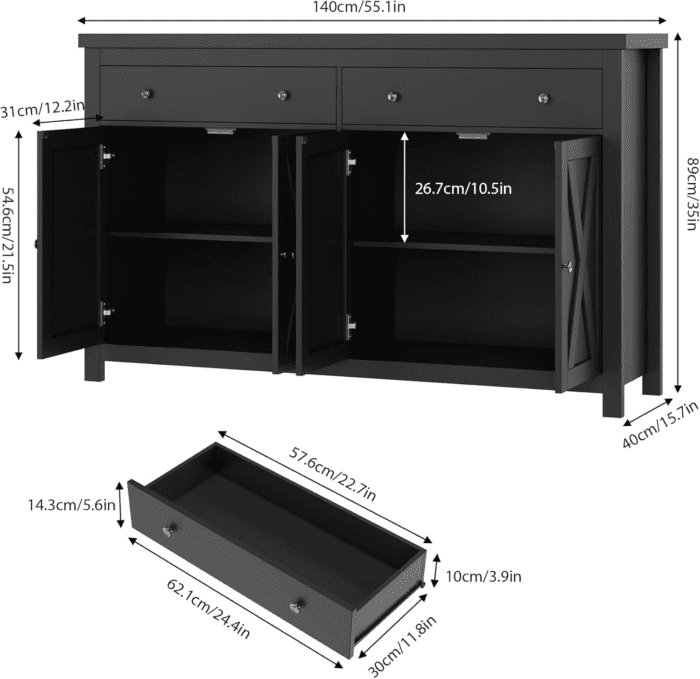 Sideboard Buffet Cabinet with Storage, 55" Large Kitchen Storage Cabinet with 2 Drawers and 4 Doors, Wood Coffee Bar Cabinet Buffet Table Console Cabinet for Kitchen Dining Room, Black - Image 3