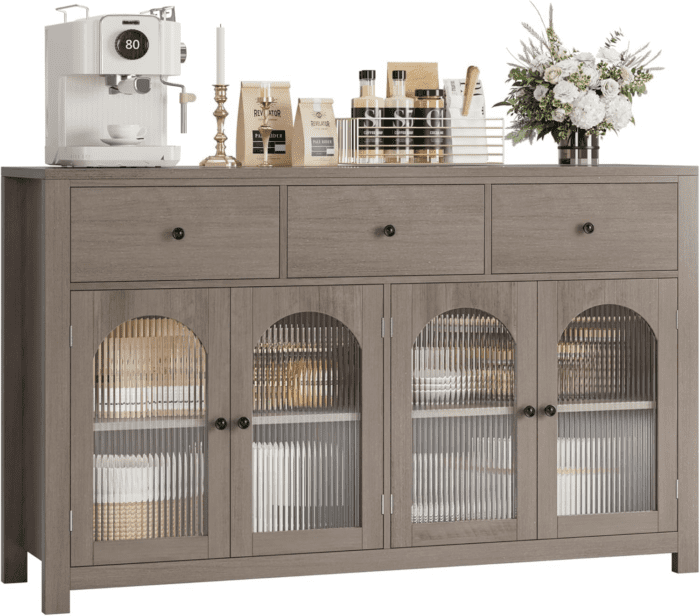 Buffet Cabinet with Storage, 55.1" Large Sideboard Buffet Cabinet, Farmhouse Kitchen Cabinet Display Cabinet with 3 Drawers and 4 Doors, Wood Coffee Bar Cabinet for Kitchen, Ash Grey - Image 8