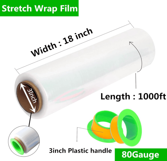 2-Pack Clear Stretch Wrap 18" X 1000 Feet 80 Gauge Industrial Strength with Plastic Handle, Plastic Pallet Supplies Durable Self-Adhering for Packing, Moving, Heavy Duty Shrink Film Rolls - Image 2