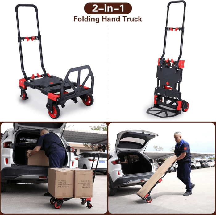 2-In-1 Folding Hand Truck Dolly 330LB Load Carrying,Hand Truck Foldable Dolly with Retractable Handle and 4 Rubber Wheels,Portable Folding Hand Cart for Luggage/Travel/Office - Image 2