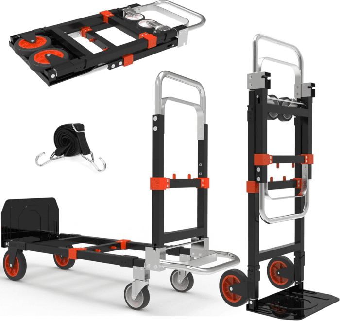 3 in 1 Heavy Duty Folding Hand Truck, Convertible Hand Truck, Portable Steel Hand Truck Dolly with Telescopic Handle, Folding Dolly Cart with Rubber Wheels, Hand Truck Foldable 500 LB