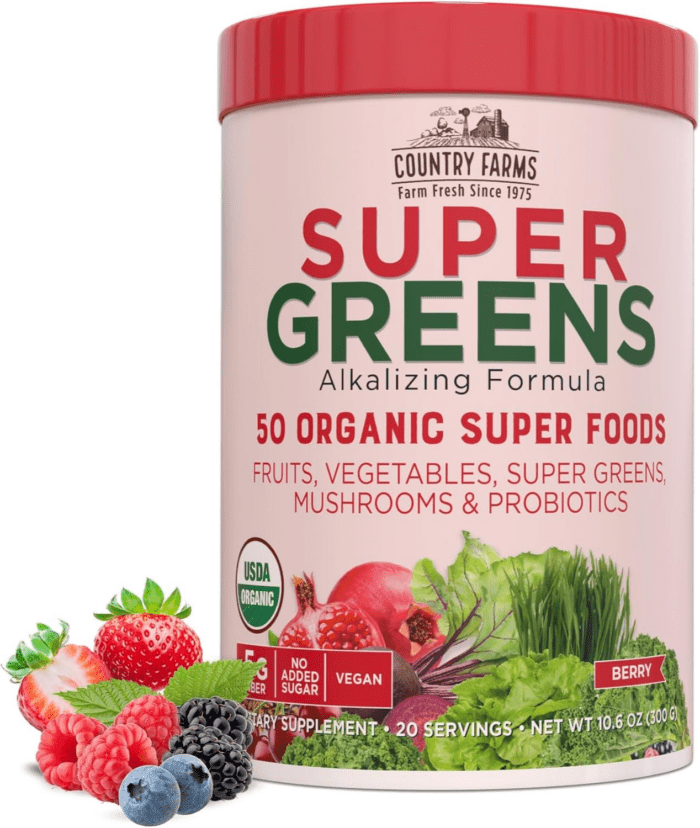 Organic Super Greens Berry Flavor, 50 Organic Super Foods, Packed with Fiber, USDA Organic Drink Mix, Fruits, Vegetables, Mushrooms & Probiotics, Supports Energy, 5G Fiber