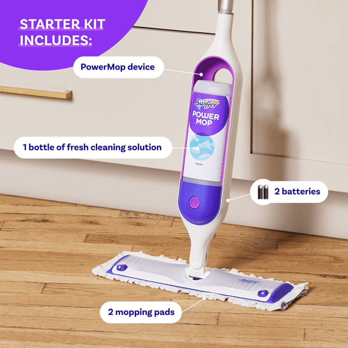 Powermop Multi-Surface Mop Kit for Floor Cleaning, Includes Powermop, 2 Mopping Pad Refills, 1 Cleaning Solution with Fresh Scent and 2 Batteries - Image 4