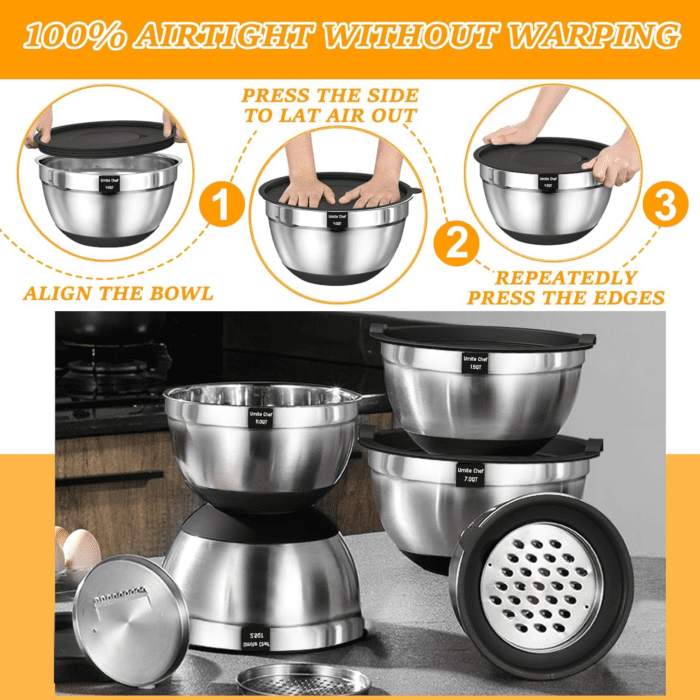 Mixing Bowls with Airtight Lids, 26Pcs Stainless Steel Bowls Set, 3 Grater Attachments & Black Non-Slip Bottoms Size 7, 4, 2.5, 2.0,1.5, 1QT, Great for Mixing & Serving - Image 6