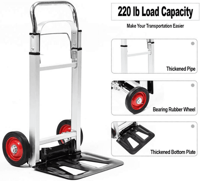 Hand Truck Aluminum Foldable Hand Cart with 6" Wheels 220 Lbs Capacity - Image 3