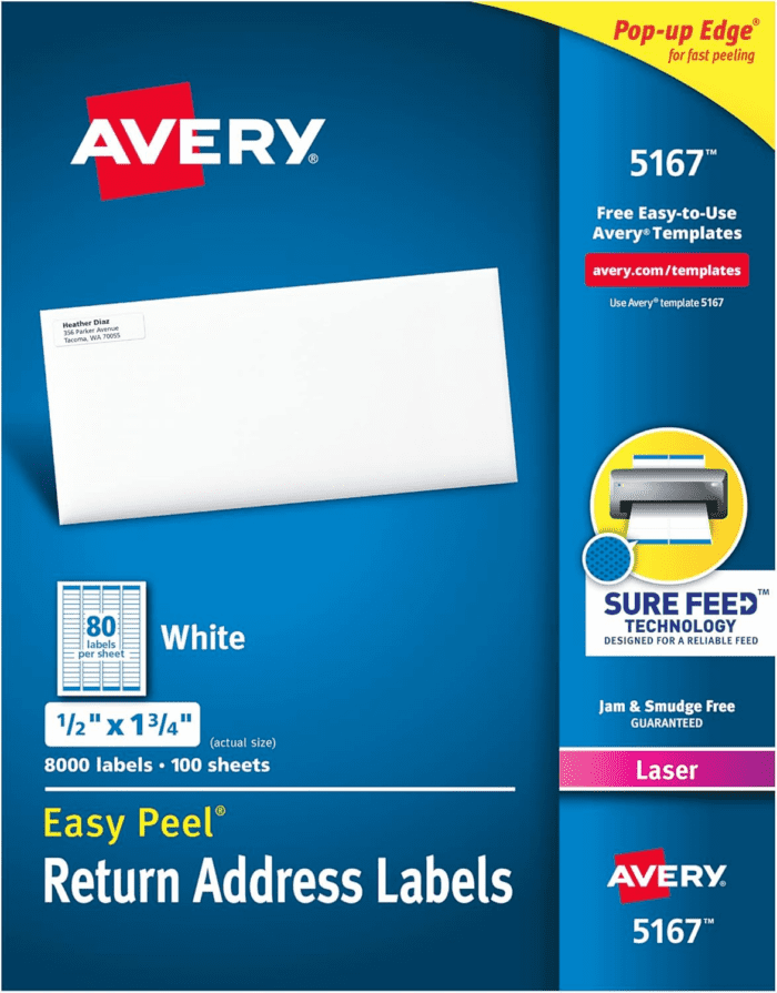 Printable Return Address Labels with Sure Feed, 0.5" X 1.75", White, 8,000 Blank Mailing Labels (05167)