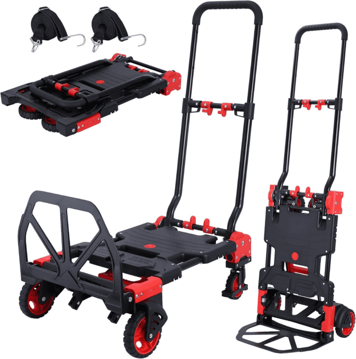 2-In-1 Folding Hand Truck Dolly 330LB Load Carrying,Hand Truck Foldable Dolly with Retractable Handle and 4 Rubber Wheels,Portable Folding Hand Cart for Luggage/Travel/Office