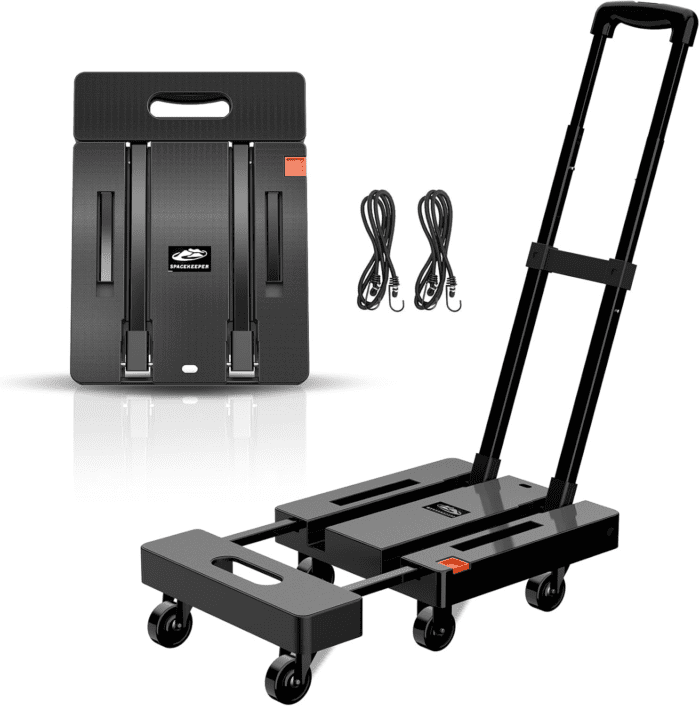 Folding Hand Truck, 500 LB Heavy Duty Luggage Cart, Utility Dolly Platform Cart with 6 Wheels & 2 Elastic Ropes for Luggage, Travel, Moving, Shopping, Office Use, Black