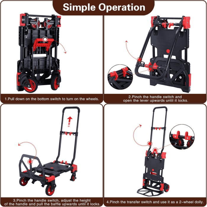 2-In-1 Folding Hand Truck Dolly 330LB Load Carrying,Hand Truck Foldable Dolly with Retractable Handle and 4 Rubber Wheels,Portable Folding Hand Cart for Luggage/Travel/Office - Image 5